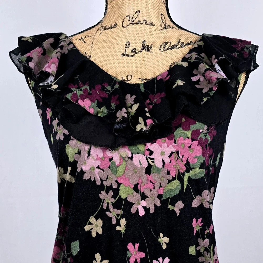 Lauren Ralph Lauren Floral Ruffle‎ V-Neck Sleeveless Top Black Purple Cotton L